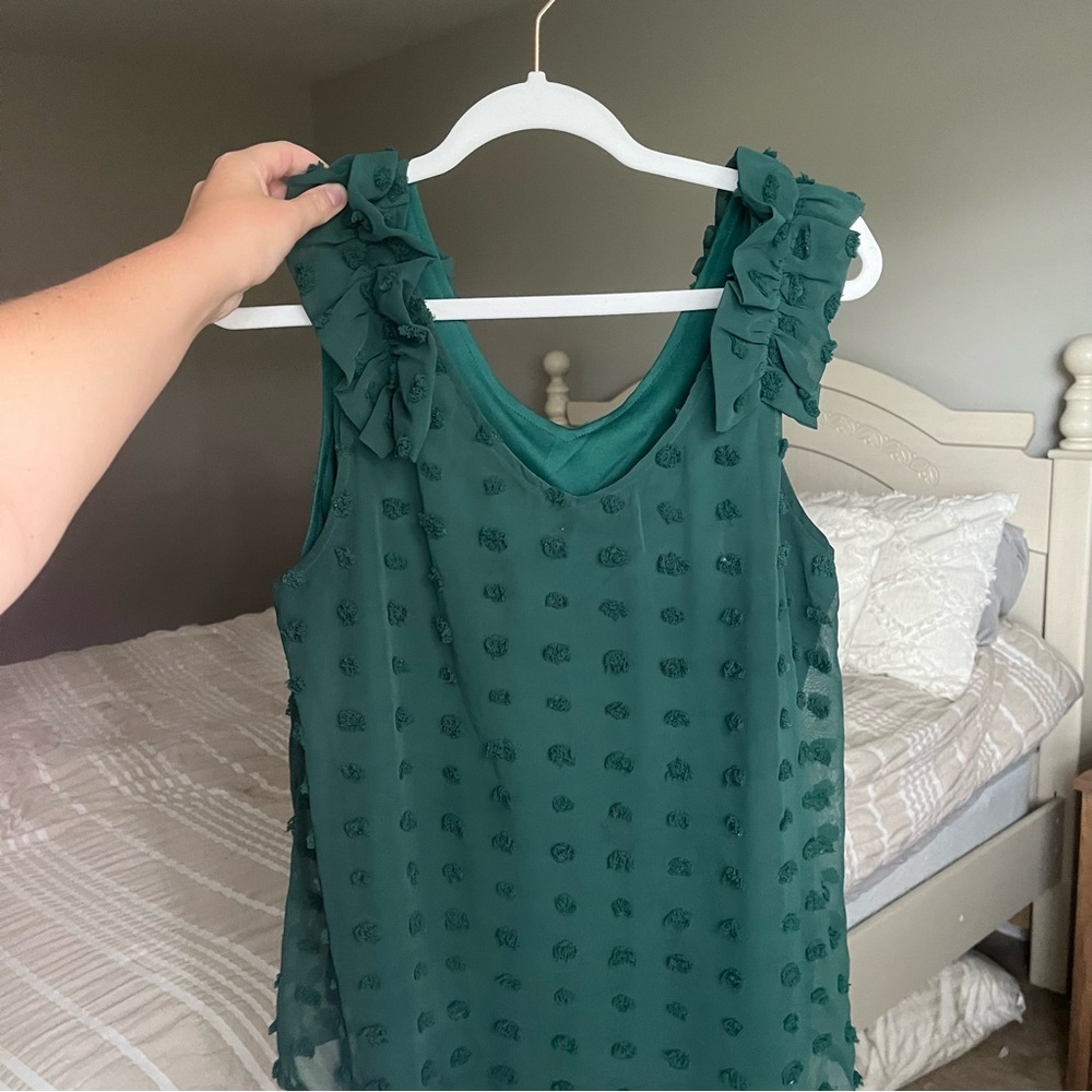 Green boutique Swiss dot ruffle sleeve tank top